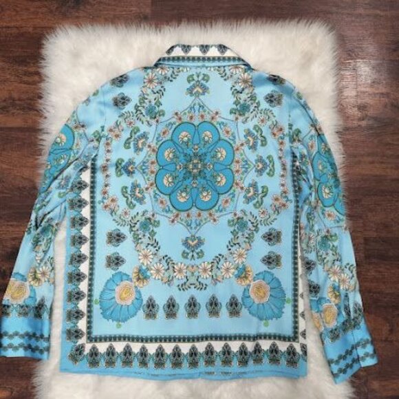 NWT Rachel Zoe Blue Floral Button Front Long Sleeve Blouse Women's Size Medium - Picture 3 of 12